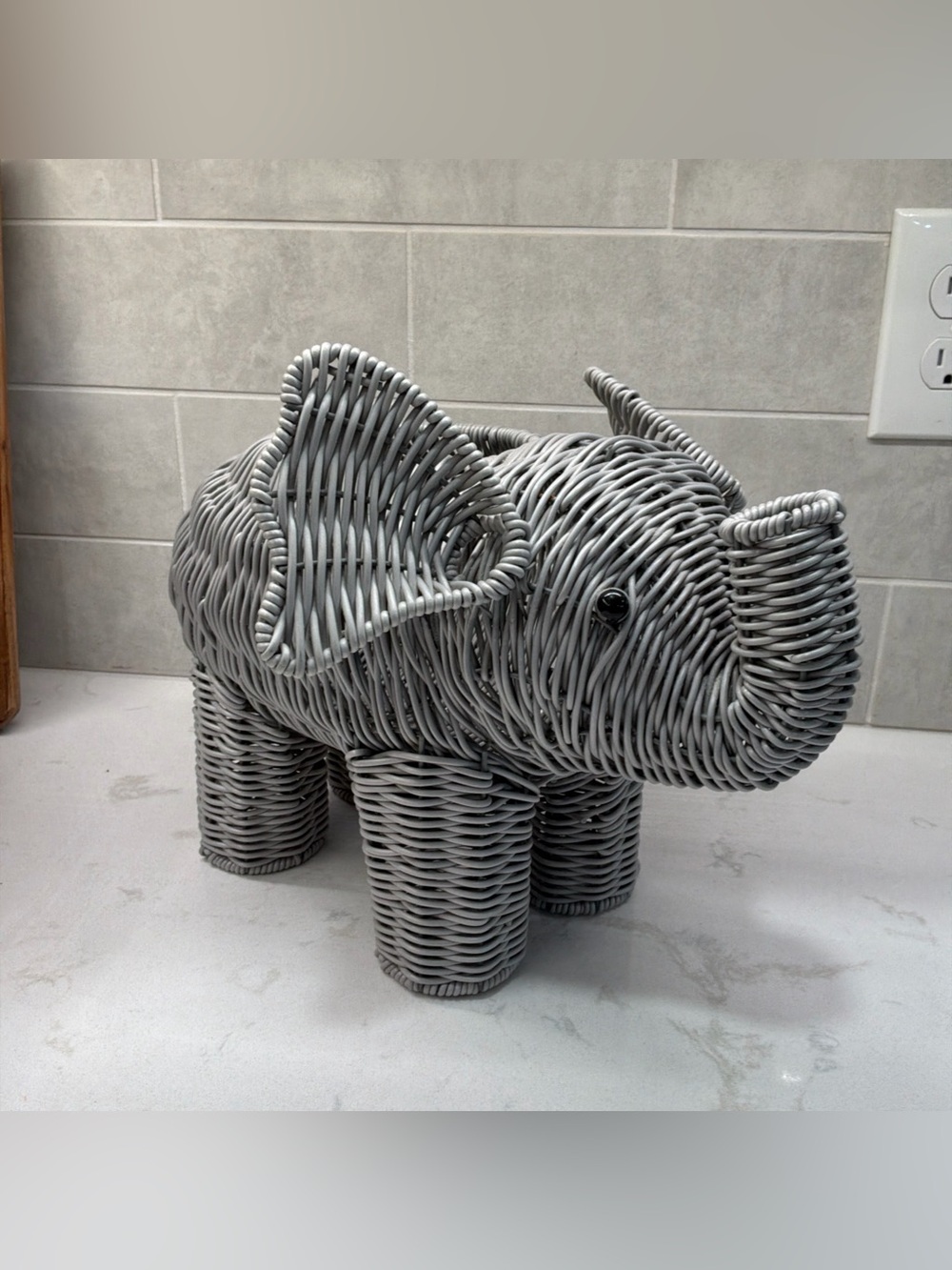 Vintage Wicker Rattan Elephant Planter Gray Boho Decor
